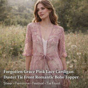 Forgotten Grace Pink Lace Cardigan Duster Tie Front Romantic Boho Topper Sheer